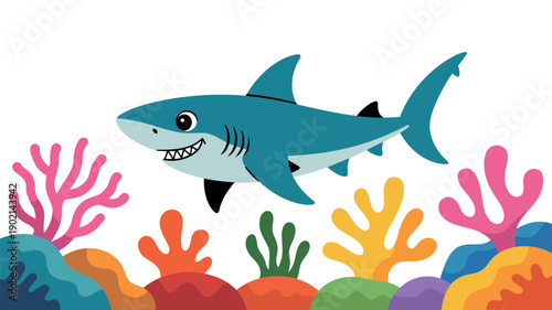 A cartoon shark swimming above colorful coral reef in the ocean