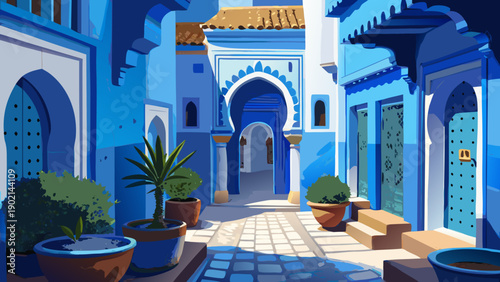 Very beautiful traditional Moroccan architectural details in Chefchaouen, featuring blue-painted walls, textured surfaces, and artistic simplicity unique to the blue city.