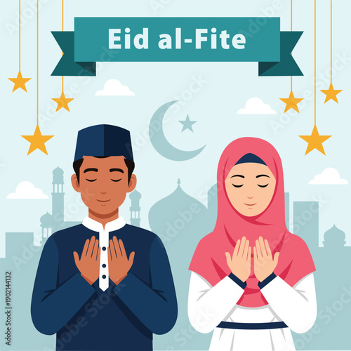 Muslim man and woman praying with Eid al Fite banner and city skyline