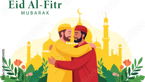 Two men hugging with mosque and floral background Eid Mubarak