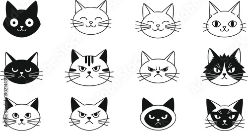 Cartoon cat faces illustration set with twelve unique expressions, playful feline character designs for emotion and storytelling graphics