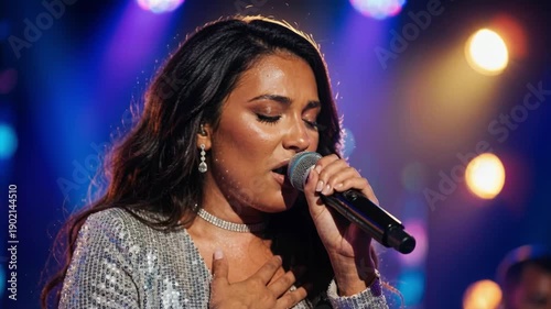 Beautiful female singer performing with a microphone on a dark stage. Vocalist singing emotionally with closed eyes under colorful concert lights. Live music show concept