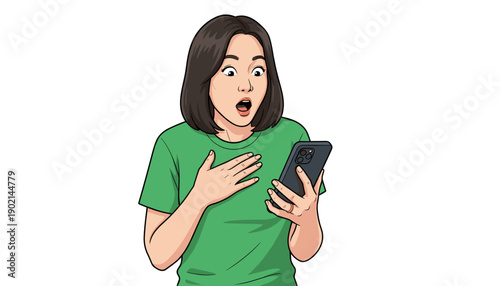 Shocked young Asian woman holding a smartphone with a surprised expression on her face.