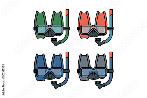 A colorful illustration of four scuba diving masks and snorkels arranged in two rows on a white background