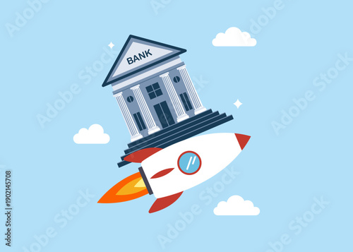 Bank on fast rocket booster flying hight in the sky. Inflation and price concept. Modern vector illustration in flat style