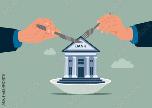 Spending savings, food expenses. Hands holding knife and fork above bank on a plate. Savings consumer.  Bank on the plate with fork and knife. Flat vector illustration