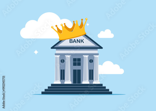 Bank with gold crown. Best piggy bank. Protect money from inflation, insurance. Modern vector illustration in flat style