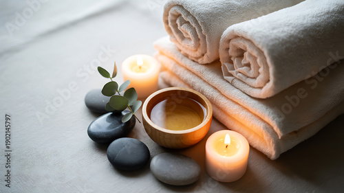 Serene Spa Still Life with Hot Stones, Towels, Candles, and Oil