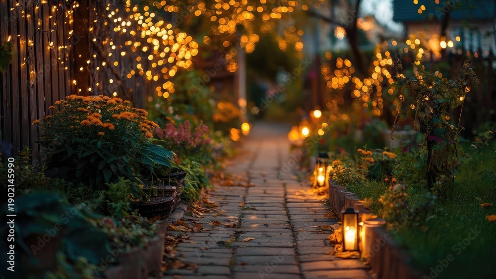 Fototapeta premium A cozy garden path at dusk, lined with flowers, potted plants, and warm lanterns with twinkling fairy lights. Concept Cozy Garden Path at Dusk, Warm Lanterns and Fairy Lights, Floral Pathway Shots