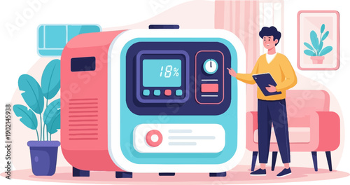 Man interacting with a digital display on a modern device in a room