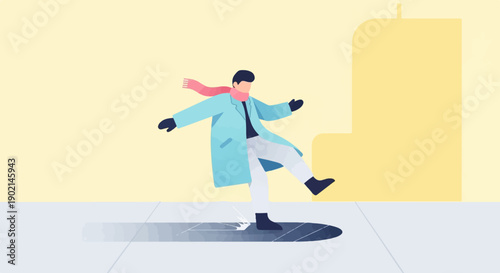 Man in winter coat and scarf slips on icy patch
