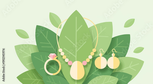 Minimalist flat illustration of jewelry against a backdrop of green leaves