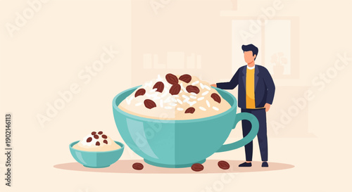 Man stands by enormous teacup overflowing with rice pudding and raisins