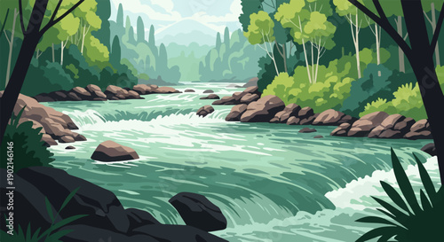 Lush green forest frames a flowing river with rapids and rocks