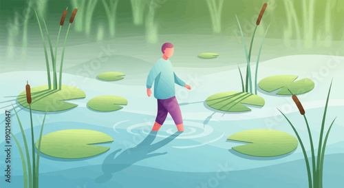 Man walking through a serene pond with lily pads and cattails