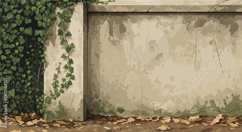 Lush green ivy climbs a weathered concrete wall with fallen leaves