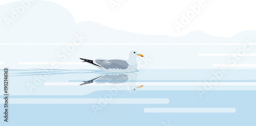 Minimalist illustration of a seagull floating on calm water, with a fish below