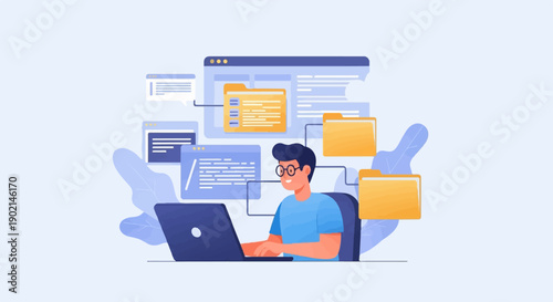 Man with laptop organizes digital files with abstract plant elements