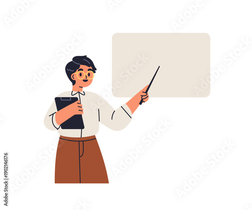 School student, boy kid presenting, showing on board with pointer. Schoolkid,...