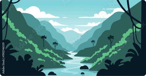 Lush, verdant valley with winding river, misty mountains, and tropical foliage