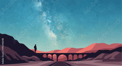 Lone traveler watches the Milky Way over a desert bridge and tracks