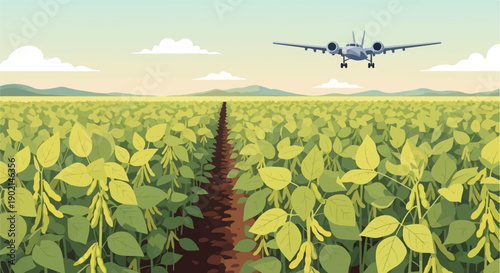 Low-flying plane over vast, green soybean field, with mountains in background