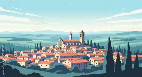 Italian village nestled in rolling green hills under a pale blue sky
