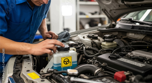 Mechanic checks under hood, car engine details, fluid reservoir