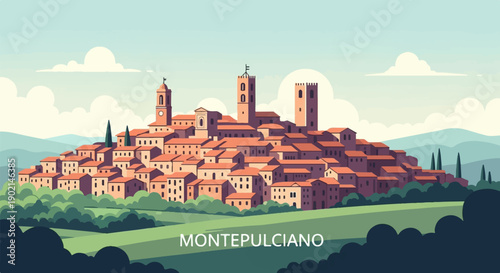 Italian hilltop town with terracotta roofs and towers under a cloudy sky