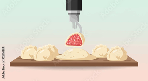 Machine filling dumpling with minced meat on a wooden board
