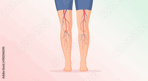 Medical illustration of human legs showing circulatory system, arteries, and veins