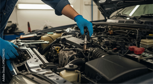 Mechanic's gloved hands work on car engine, replacing spark plug