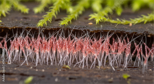 Macro view of pink spore-bearing structures on mossy bark