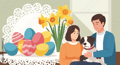 Happy family with dog and Easter eggs, daffodils, and doily