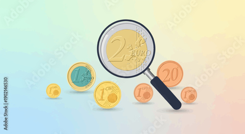 Magnifying glass examines euro coins on a soft gradient background
