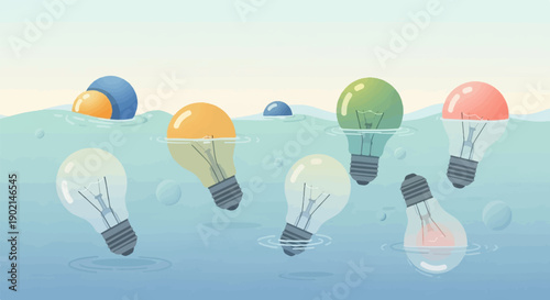 Lightbulbs float on gentle waves against a pale sky