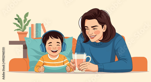 Happy mother and child enjoy a moment together with a drink