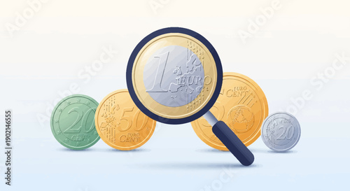 Magnifying glass examining euro coins of different denominations on a light background