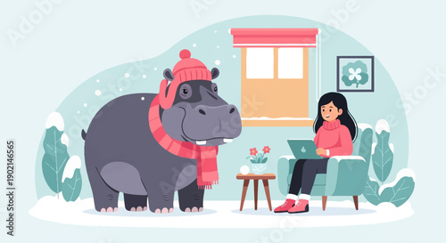 Happy hippo in winter hat and scarf near woman working on laptop