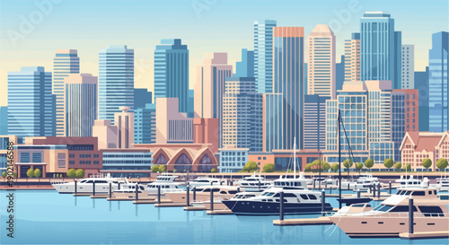 Harbor with modern cityscape and yachts docked in calm water