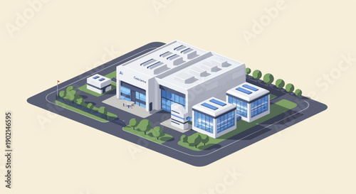 Isometric view of a modern white research facility with solar panels and surrounding greenery