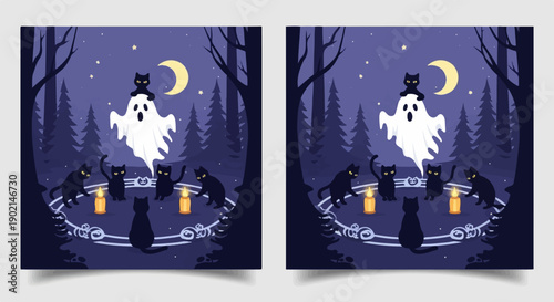 Halloween night forest scene with black cats and a friendly ghost