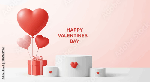 Hearts, gift, and podiums with "Happy Valentines Day" text