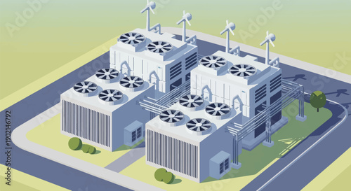 Isometric industrial complex with cooling fans and turbines
