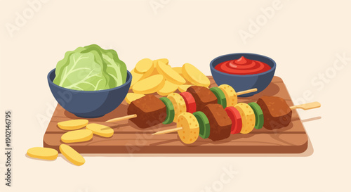 Hearty skewers with chips, lettuce, and ketchup on a wooden board