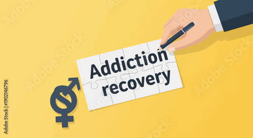 Hand forms puzzle with words addiction recovery, next to gender symbols