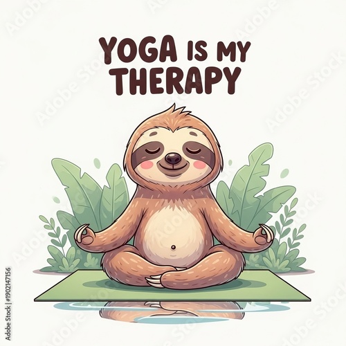 Cute cartoon sloth practicing yoga in a meditative pose on a green mat surrounded by leaves in a cheerful flat design style