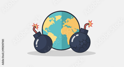 Globe surrounded by two cartoon bombs, one cracked and lit