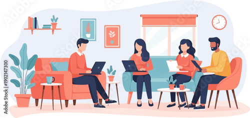 Four people working remotely on laptops in a modern, cozy living room