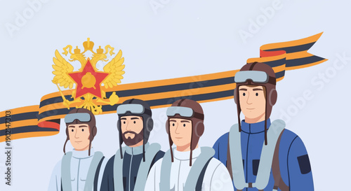 Four pilots in vintage gear stand with a decorative ribbon and emblem